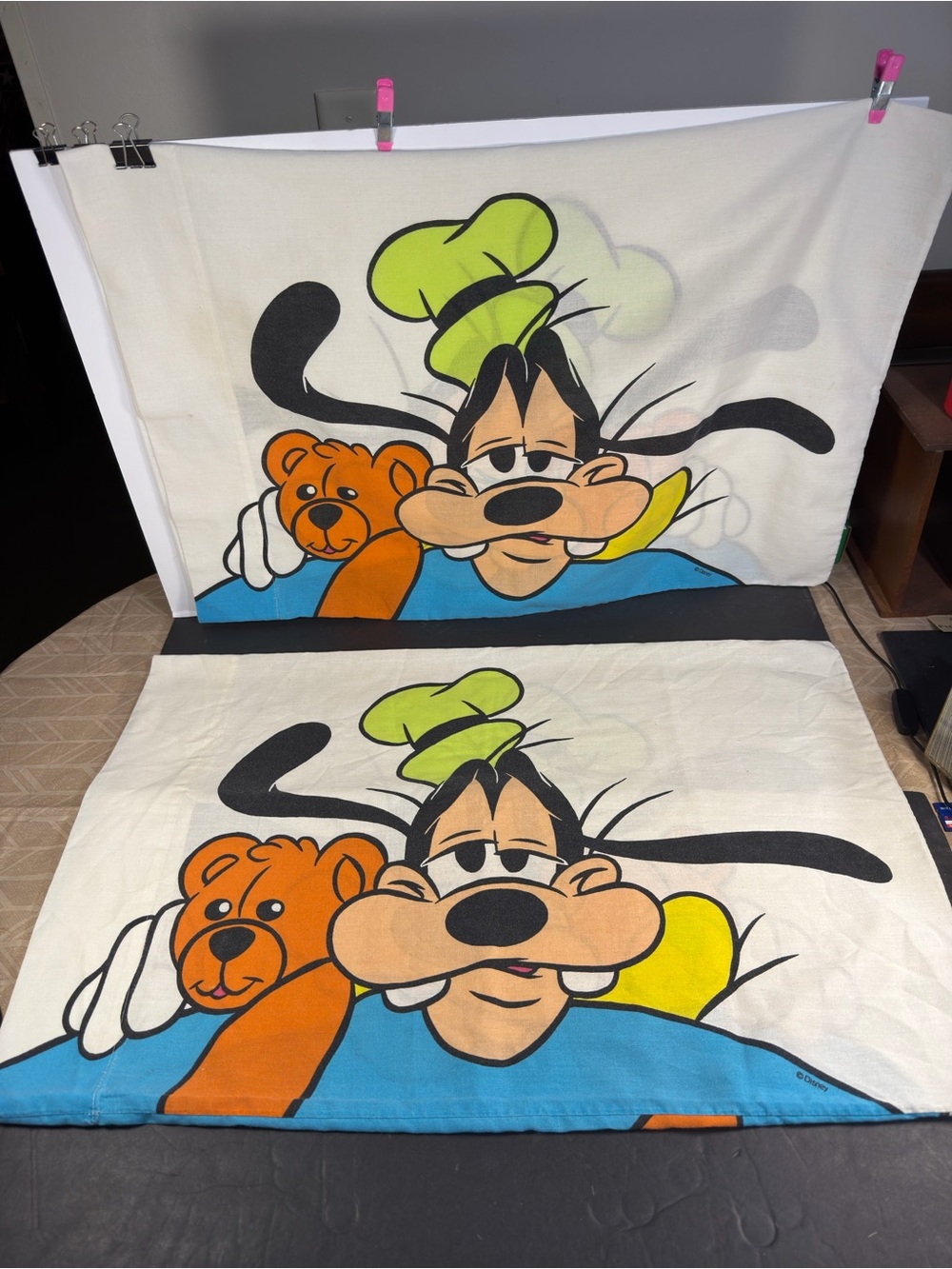 VTG Disney Goofy Teddy Bear Pillowcases Set of 2 Double Sided Retro